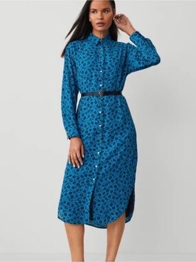 Ann Taylor Blue Floral Button-Front Shirt Dress